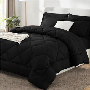 Queen ComforterSet with Sheets 7Pieces Bed in a Bag Black All Season BeddingSets